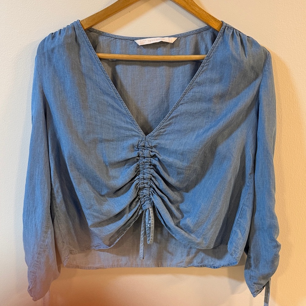 Zara Light Blue Ruched V-Neck Blouse